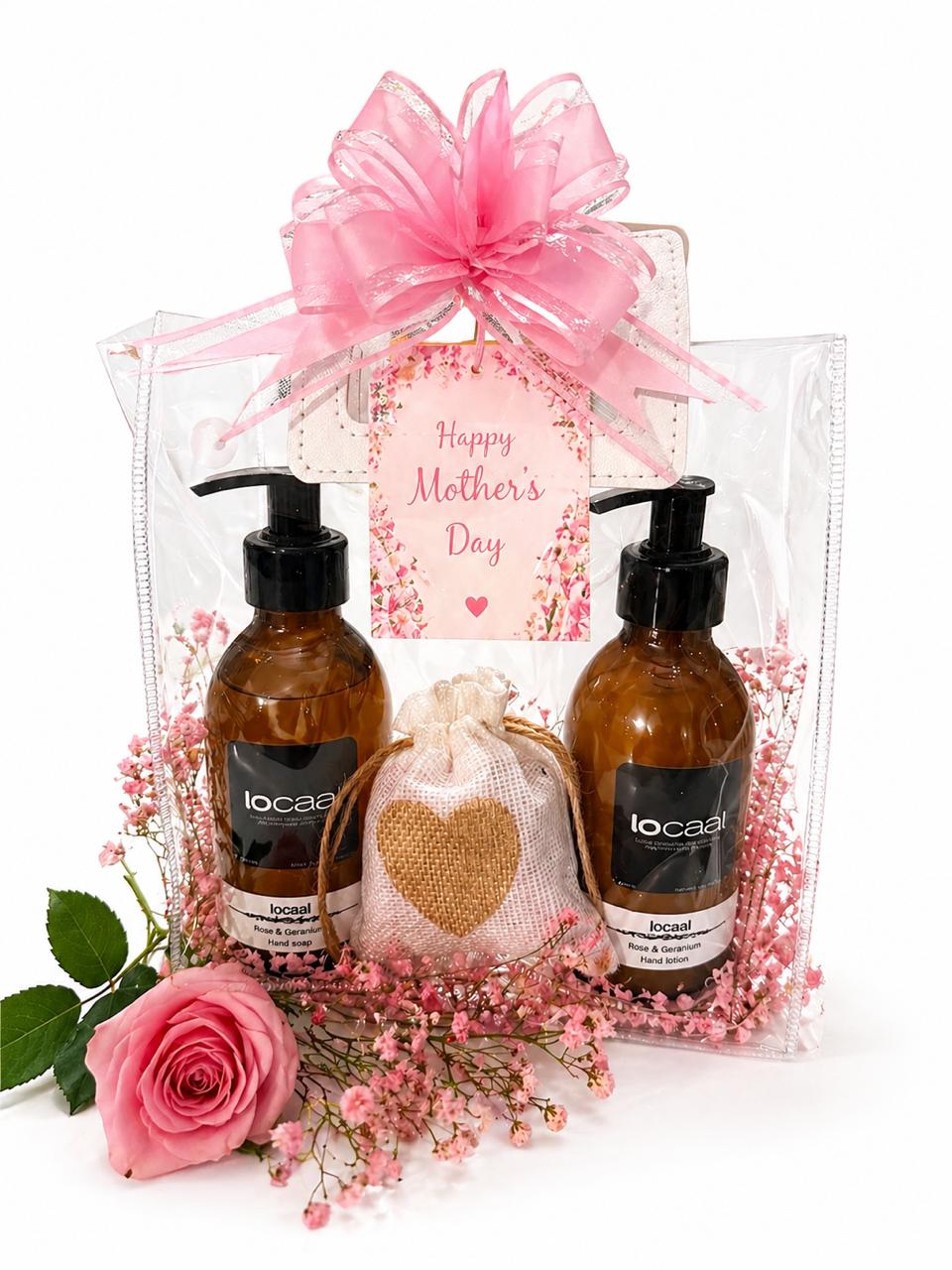 Rose liquid handsoap & lotion 200ml. Small make up remover cloth, nail file in a beautiful heart bag for only