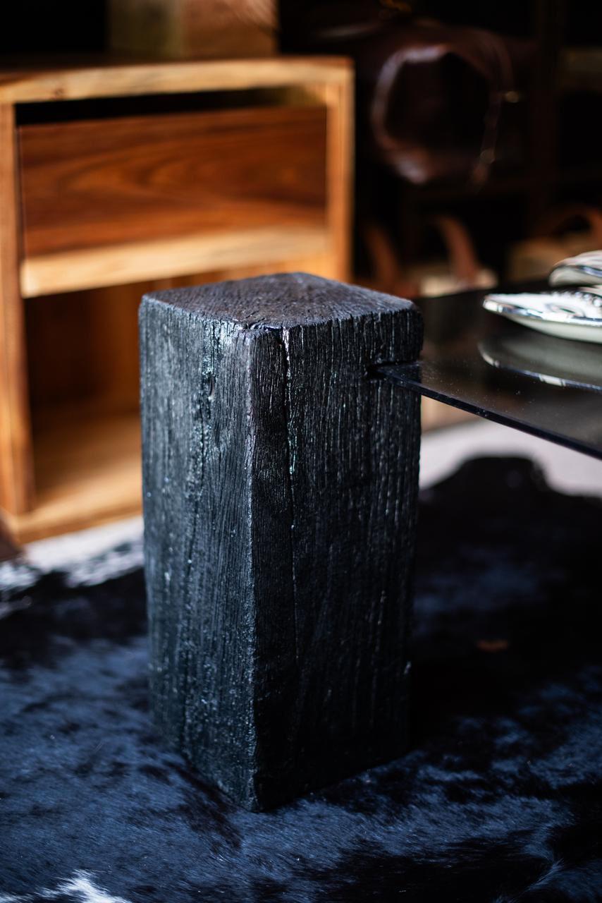 Black Charred Sugargum coffie table with smokey Grey glass. 1.2m x 1.2m x 400mm