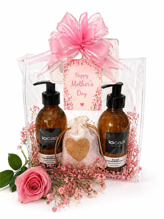Rose liquid handsoap & lotion 200ml.  Small make up remover cloth, nail file in a beautiful heart bag for only