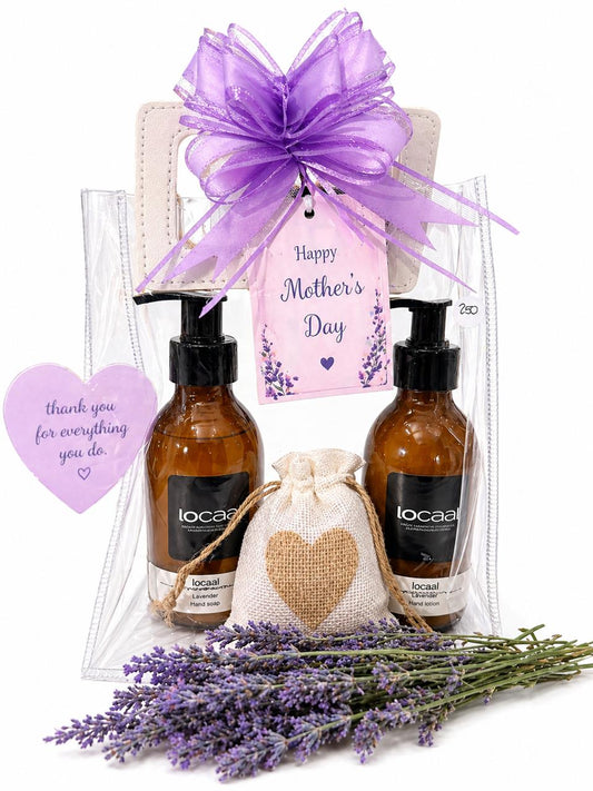 Lavender liquid handsoap & lotion 200ml.  Small make up remover cloth, nail file in a beautiful heart bag
