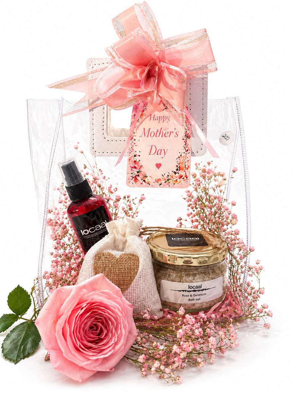 Rose & Geranium bath salt 200g, 100ml Room & Pillow spray, small heart bag with make-up remover cloth and a small nail file