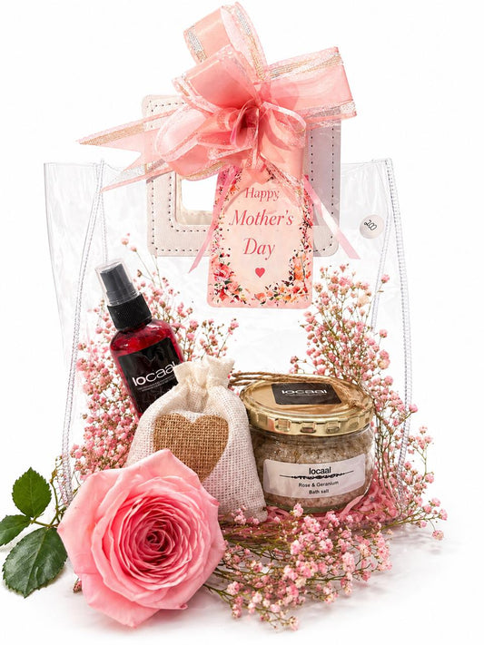 Rose & Geranium bath salt 200g, 100ml Room & Pillow spray, small heart bag with make-up remover cloth and a small nail file