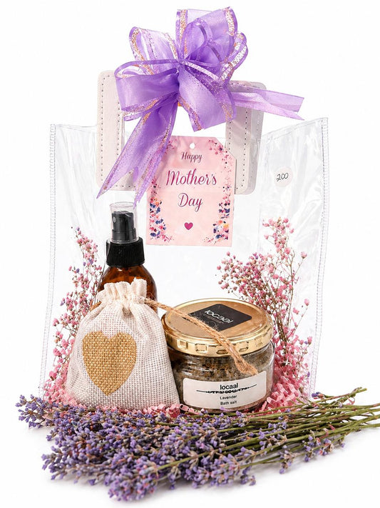 Lavender bath salt 200g, 100ml Room & Pillow spray, small heart bag with make -up remover cloth and a small nail file