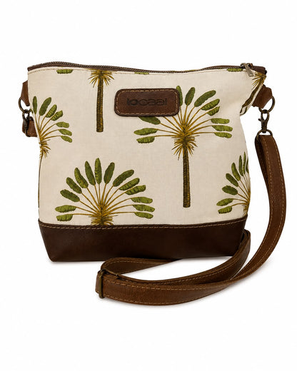 Marli sling bag with leather bottom and sling with canvas print