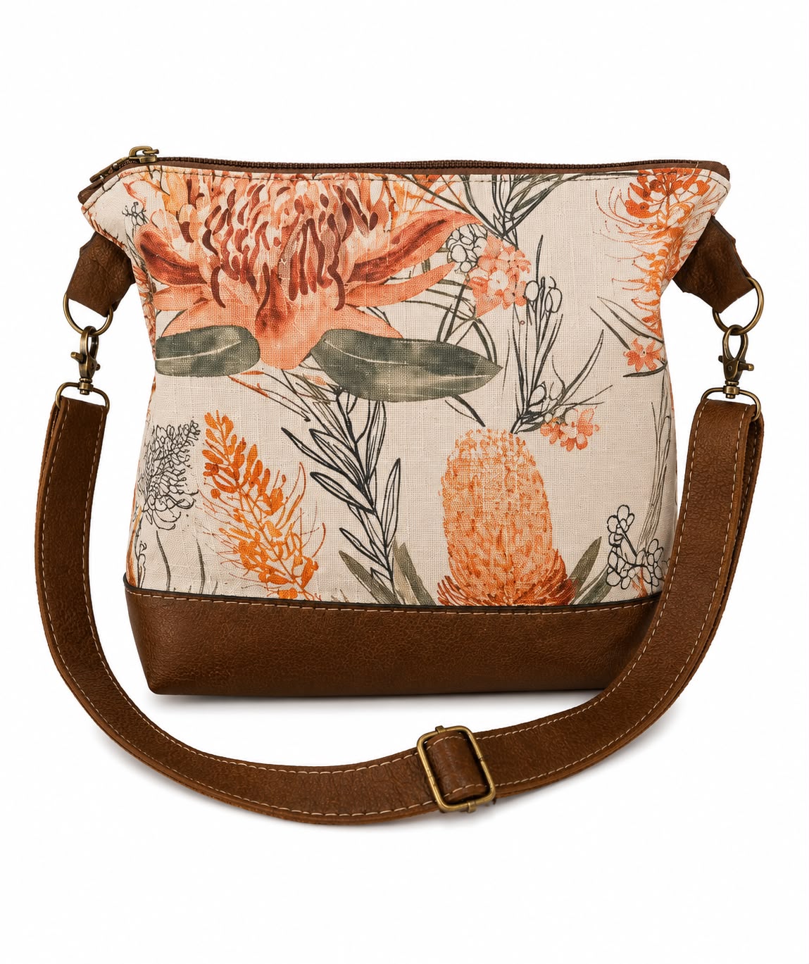 Marli sling bag with leather bottom and sling with canvas print