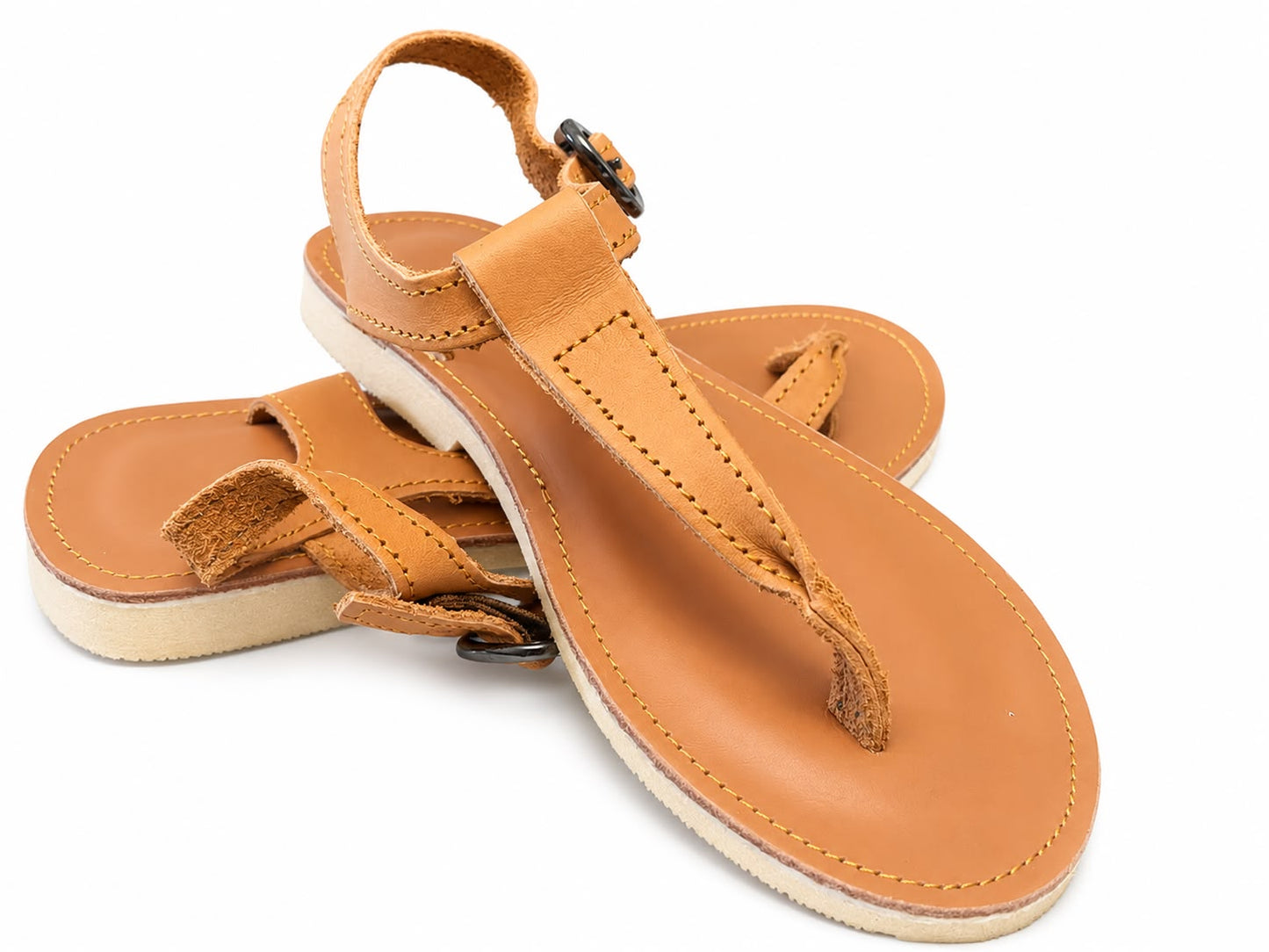 Light brown Leather T-bar sandals with ankle strap