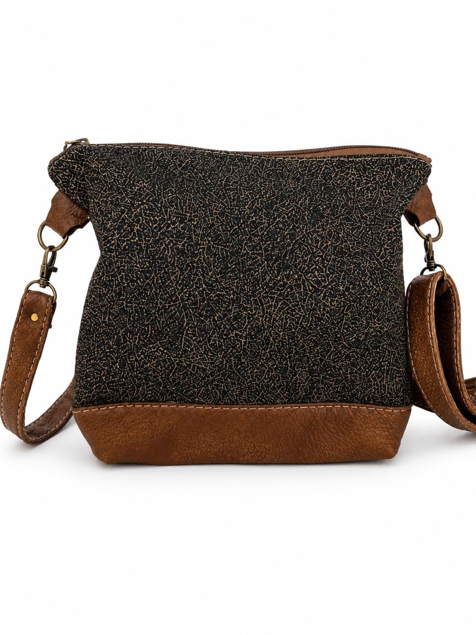 Marli sling bag with leather bottom and sling with canvas print
