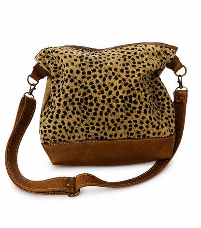 Marli sling bag with leather bottom and sling with canvas print