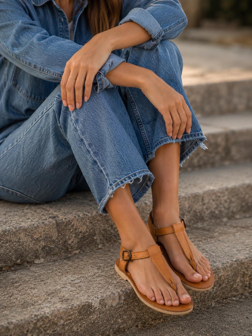 Light brown Leather T-bar sandals with ankle strap
