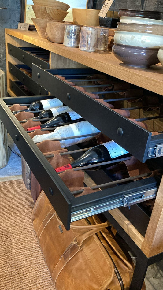 Oak wine rack with steel drawers. 42 bottles.