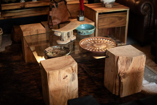 Himalayan Cedar pillars with glass coffee table. 1.2m x 1.2m x 400mm