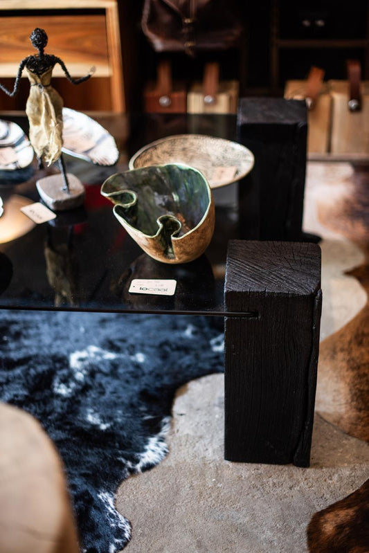 Black Charred Sugargum coffie table with smokey Grey glass. 1.2m x 1.2m x 400mm