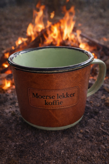 locaal Enamel cup with 100% Leather sleeve customize theme/name